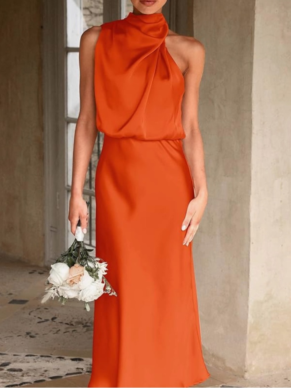 Orange Satin Mock Neck Dress - Picture 2 of 6